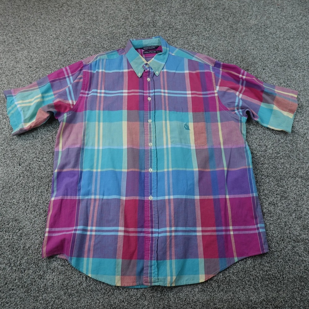 VTG Nautica Shirt Mens XL Multicolor Madras Plaid Short Sleeve Button Up 90s Top